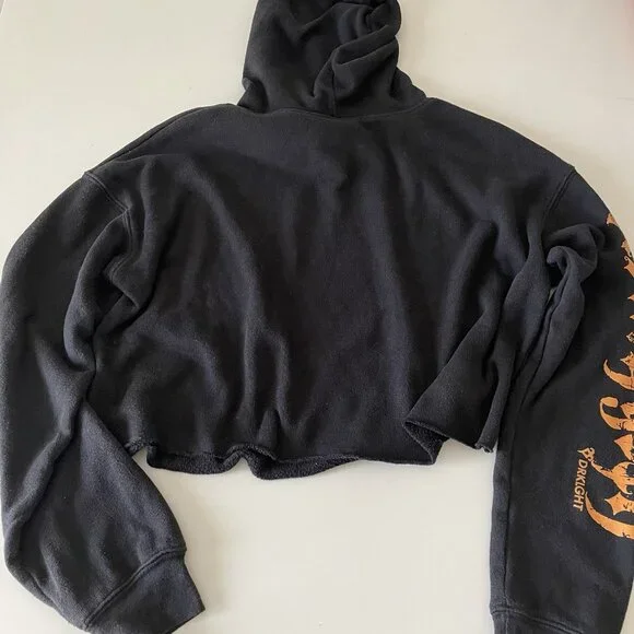 Disney Goth Cropped Boxy Hooded Sweatshirt Black With Orange Castle Halloween S - Picture 4 of 8